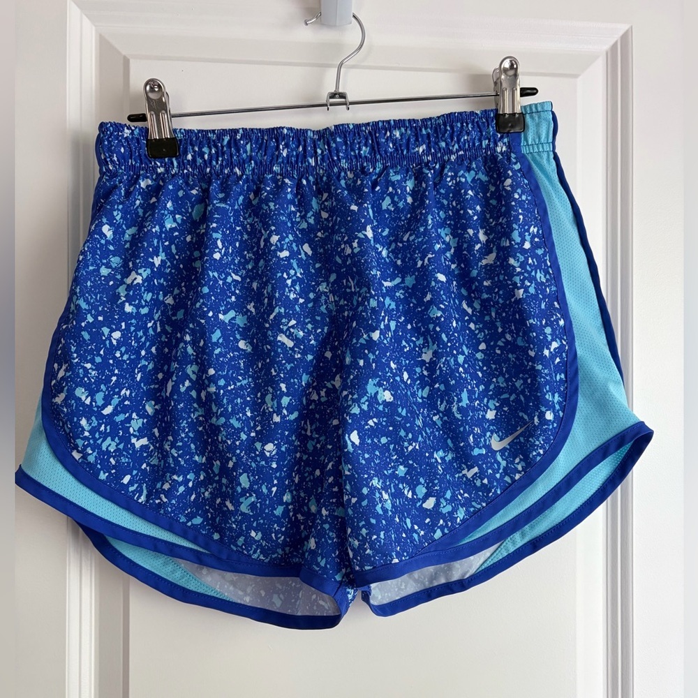 Nike Women's Blue Speckled Athletic Shorts with Light Blue Trim